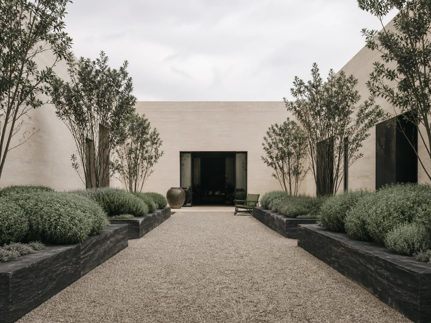 Architectural courtyard with symmetrical planters